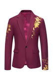 Burgundy Flower Print One Button Notched Lapel Men's Formal Blazer