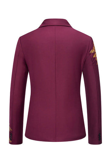 Burgundy Flower Print One Button Notched Lapel Men's Formal Blazer