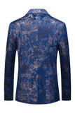 Men's Blue Printed Notched Lapel One Button Formal Blazer