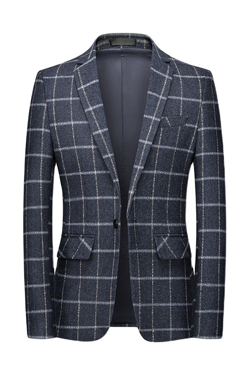 Dark Blue Plaid Notched Lapel Men's Formal Blazer with Pockets