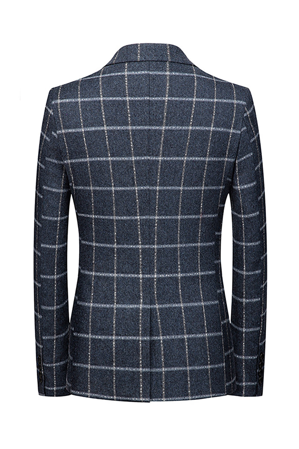 Dark Blue Plaid Notched Lapel Men's Formal Blazer with Pockets