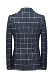 Dark Blue Plaid Notched Lapel Men's Formal Blazer with Pockets
