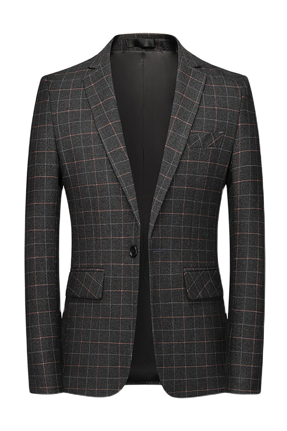 Men's Dark Grey Plaid Notched Lapel Formal Blazer