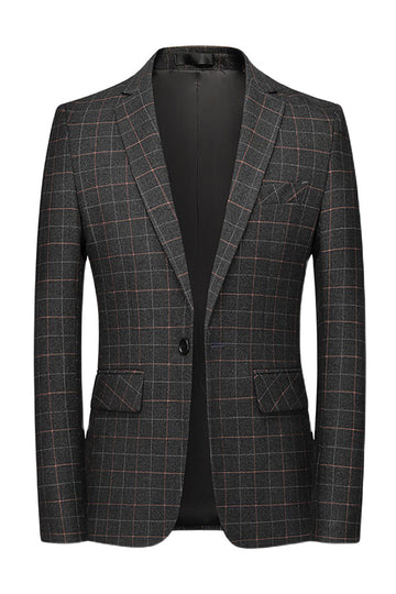 Men's Dark Grey Plaid Notched Lapel Formal Blazer