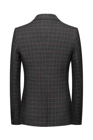 Men's Dark Grey Plaid Notched Lapel Formal Blazer