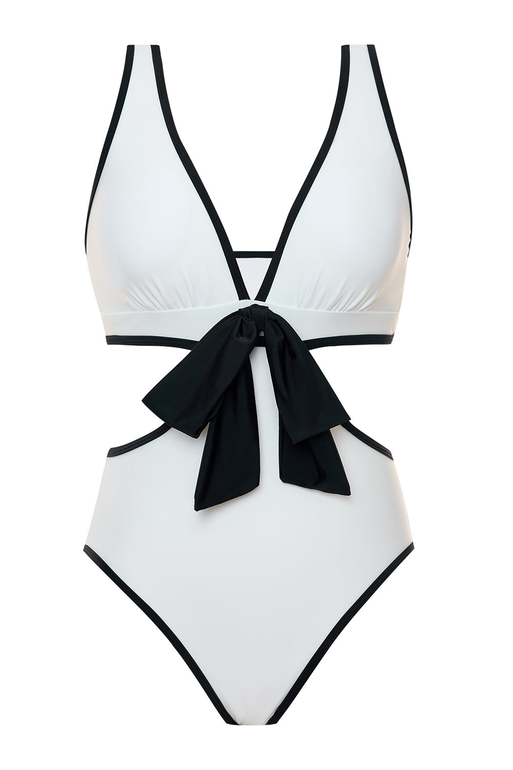 White Cut Out One-Piece V Neck Bikini with Bow