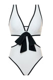 White Cut Out One-Piece V Neck Bikini with Bow