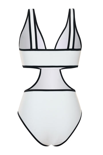 White Cut Out One-Piece V Neck Bikini with Bow