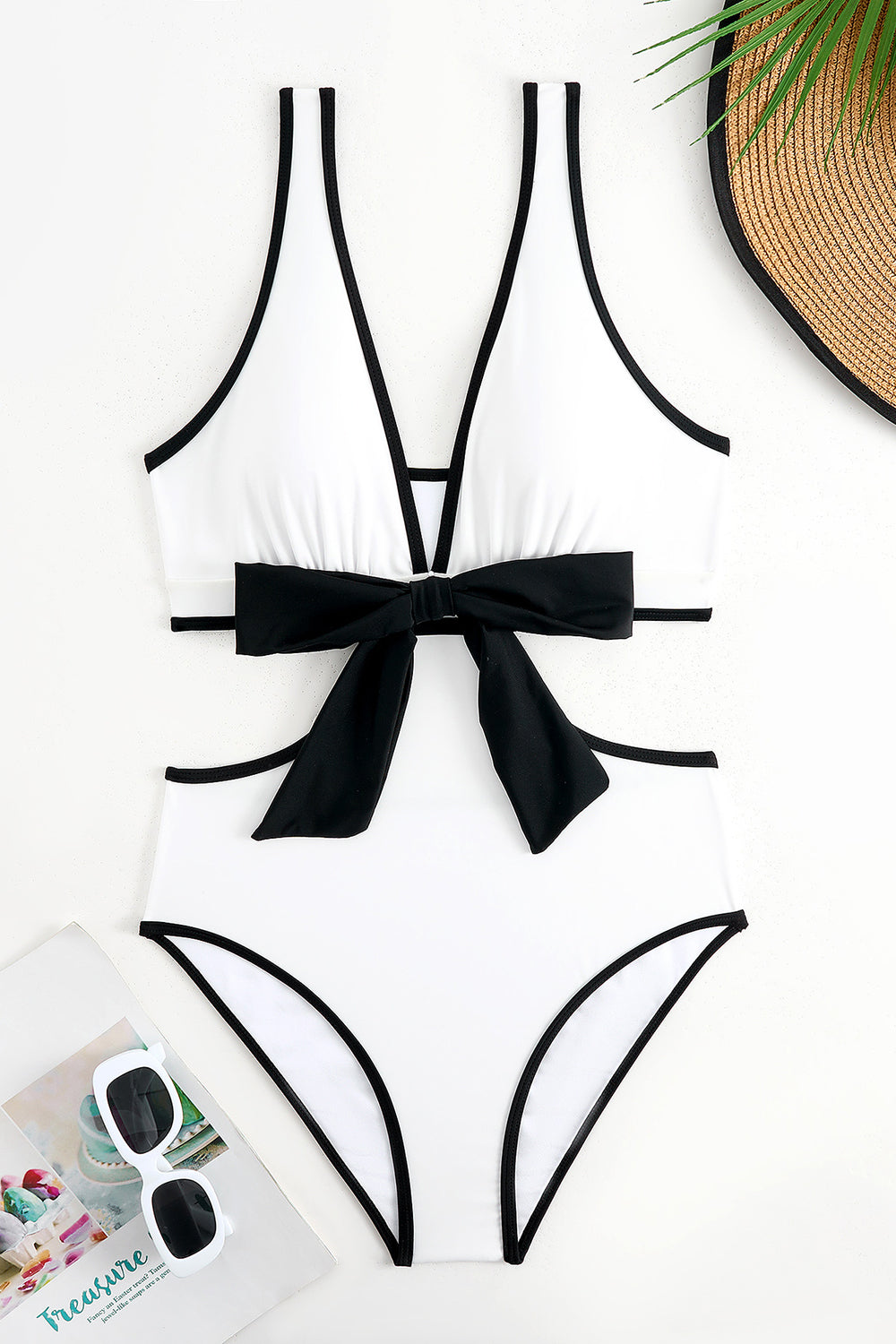 White Cut Out One-Piece V Neck Bikini with Bow