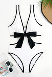 White Cut Out One-Piece V Neck Bikini with Bow