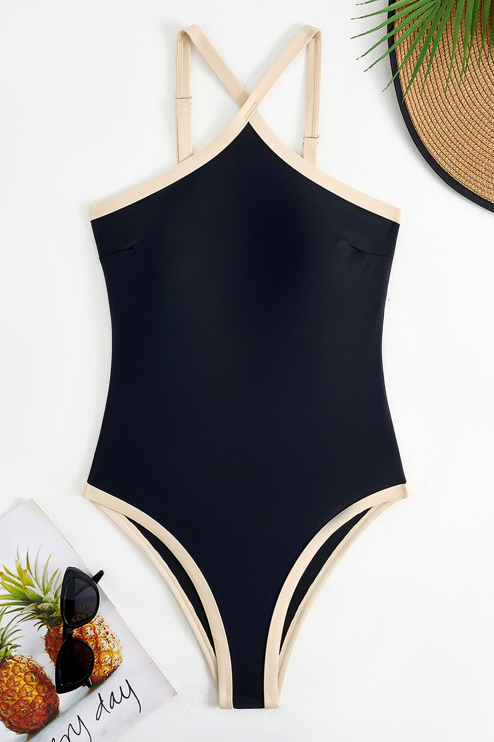 Black One-Piece Bikini with Nude Contrast Trim