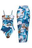 Blue Print Spaghetti Straps One Piece Swimsuit with Cover Up