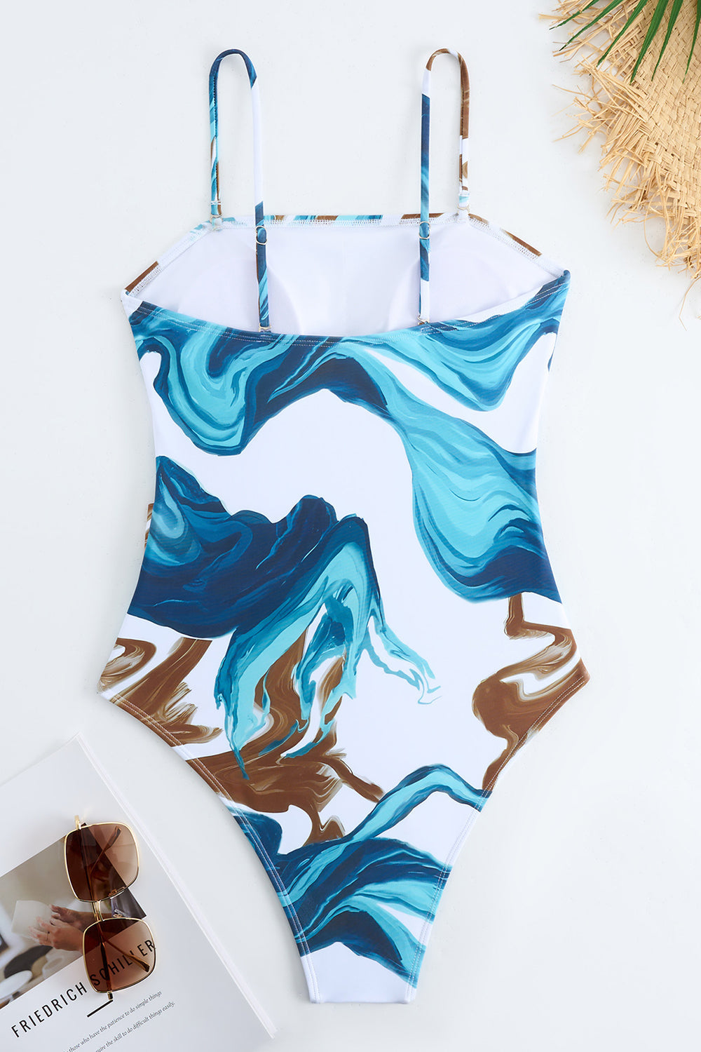 Blue Print Spaghetti Straps One Piece Swimsuit with Cover Up