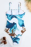 Blue Print Spaghetti Straps One Piece Swimsuit with Cover Up