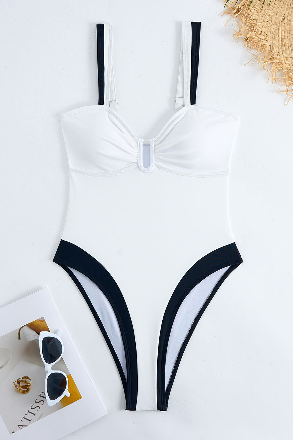 White Spaghetti Straps One Piece Ruched Bikini