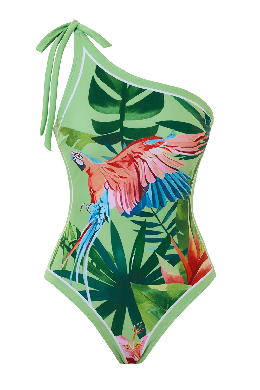Green Tropical Print One Shoulder One Piece Bikini