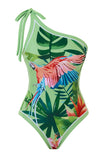 Green Tropical Print One Shoulder One Piece Bikini