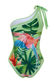 Green Tropical Print One Shoulder One Piece Bikini