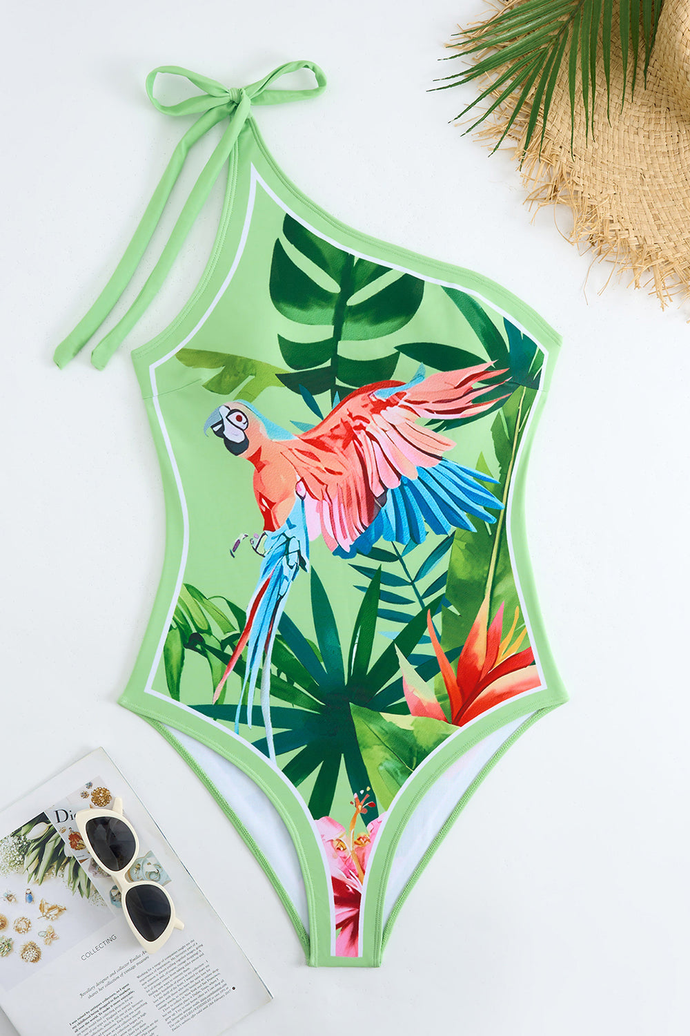 Green Tropical Print One Shoulder One Piece Bikini