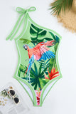 Green Tropical Print One Shoulder One Piece Bikini