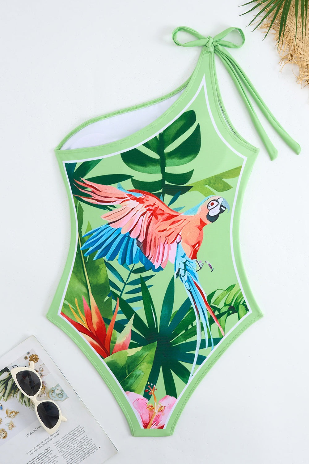 Green Tropical Print One Shoulder One Piece Bikini