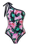 Balck Pink Floral One Shoulder One Piece Bikini