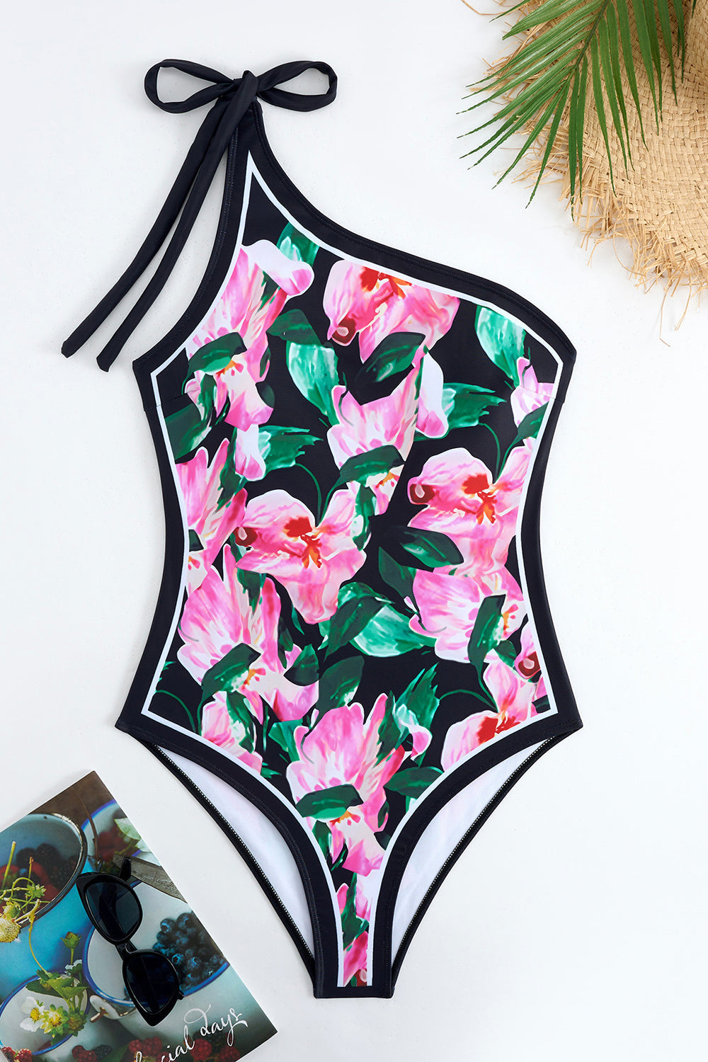 Balck Pink Floral One Shoulder One Piece Bikini