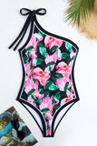 Balck Pink Floral One Shoulder One Piece Bikini