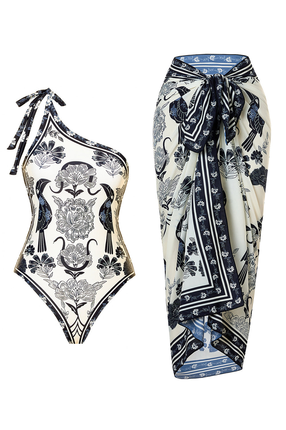 Black White Print One Shoulder Beach Swimsuit with Cover Up