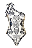Black White Print One Shoulder Beach Swimsuit with Cover Up