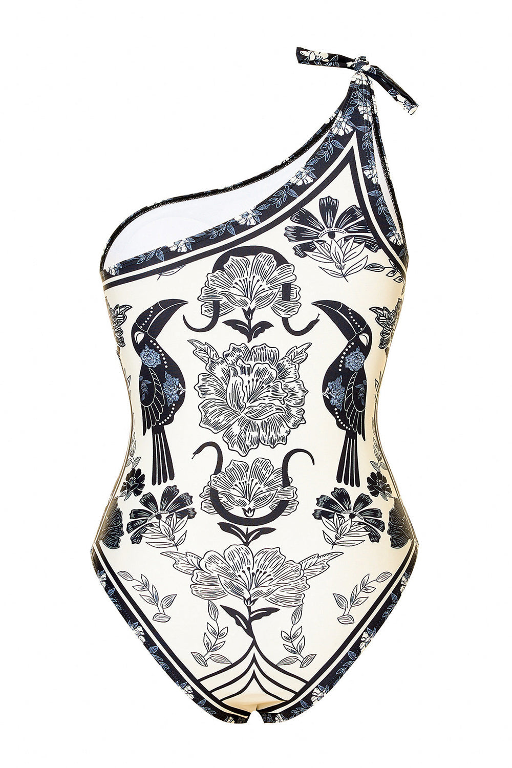 Black White Print One Shoulder Beach Swimsuit with Cover Up