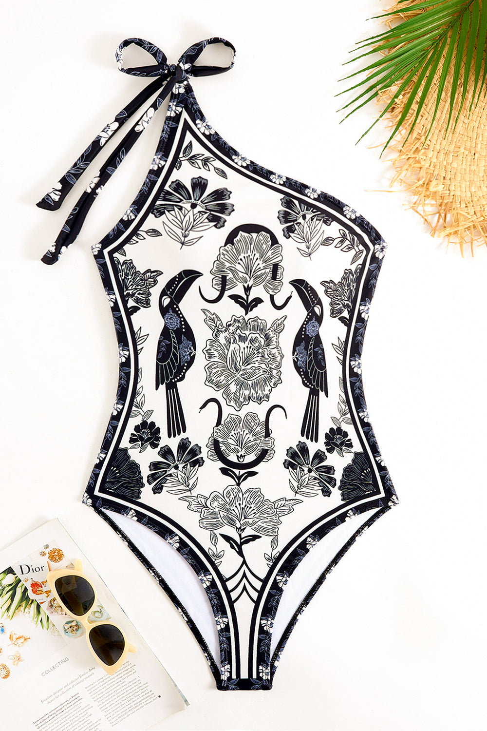 Black White Print One Shoulder Beach Swimsuit with Cover Up