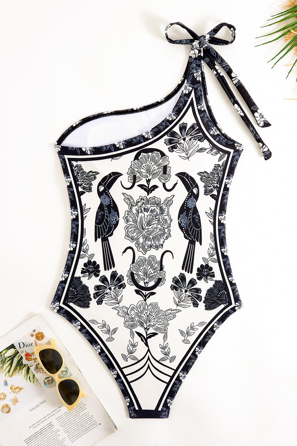 Black White Print One Shoulder Beach Swimsuit with Cover Up
