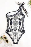 Black White Print One Shoulder Beach Swimsuit with Cover Up
