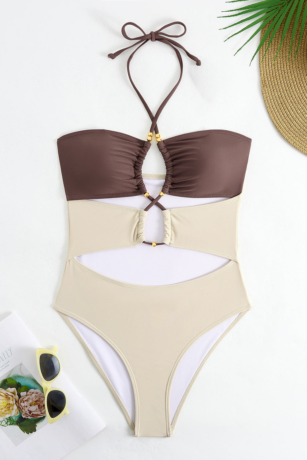 Ivory Cut Out Halter One Piece Swimsuit with Cover Up