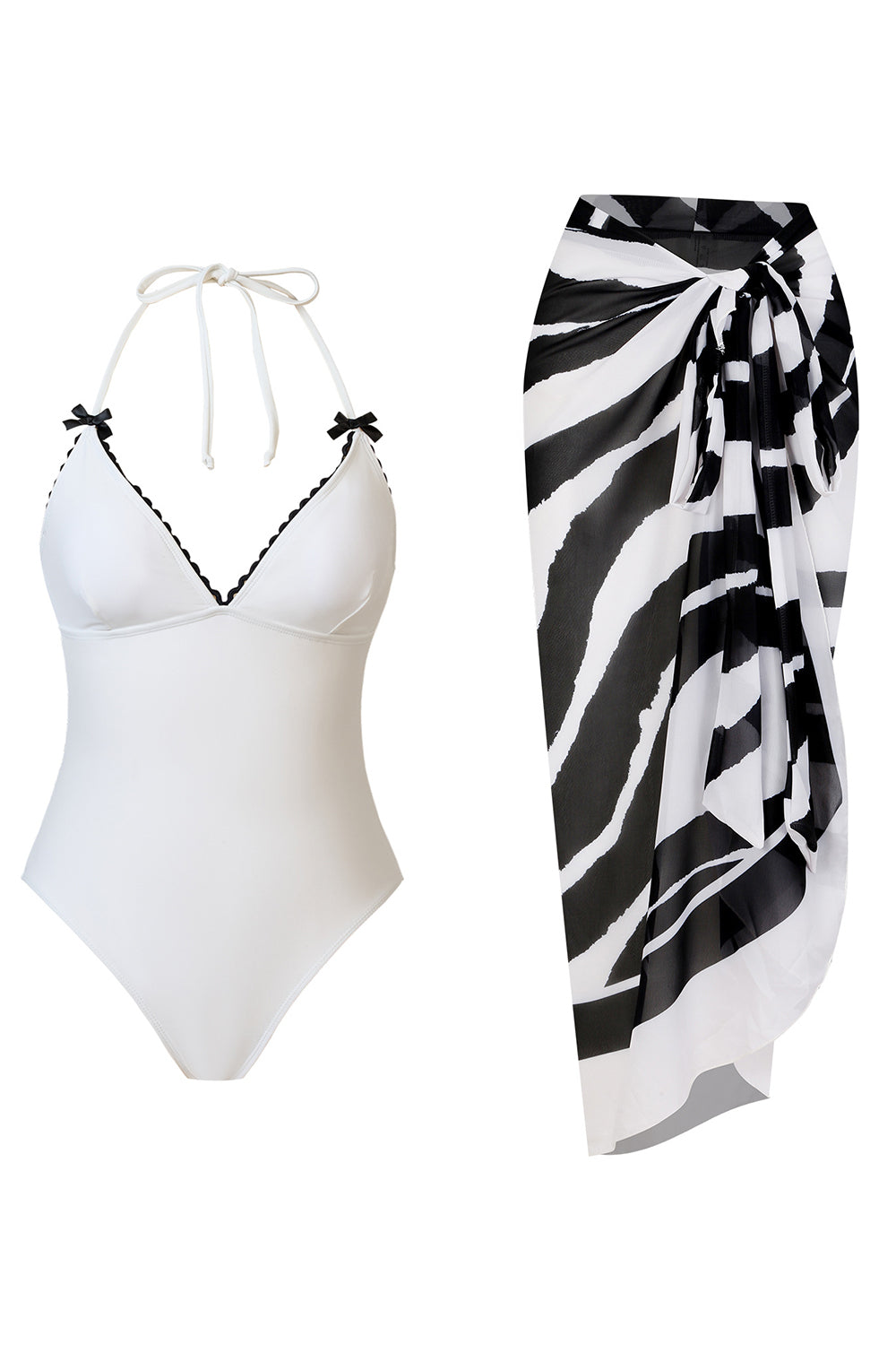 Black Halter One Piece Swimwear with Cover Up
