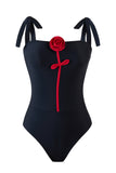 Black 3D Flower One Piece Spaghetti Straps Swimwear with Cover Up