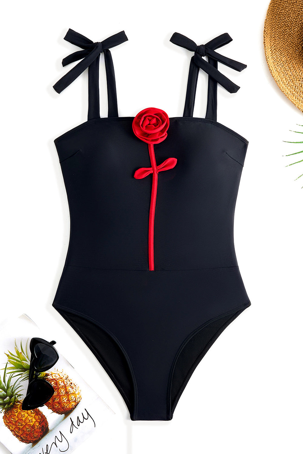 Black 3D Flower One Piece Spaghetti Straps Swimwear with Cover Up