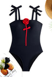 Black 3D Flower One Piece Spaghetti Straps Swimwear with Cover Up