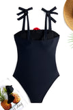 Black 3D Flower One Piece Spaghetti Straps Swimwear with Cover Up