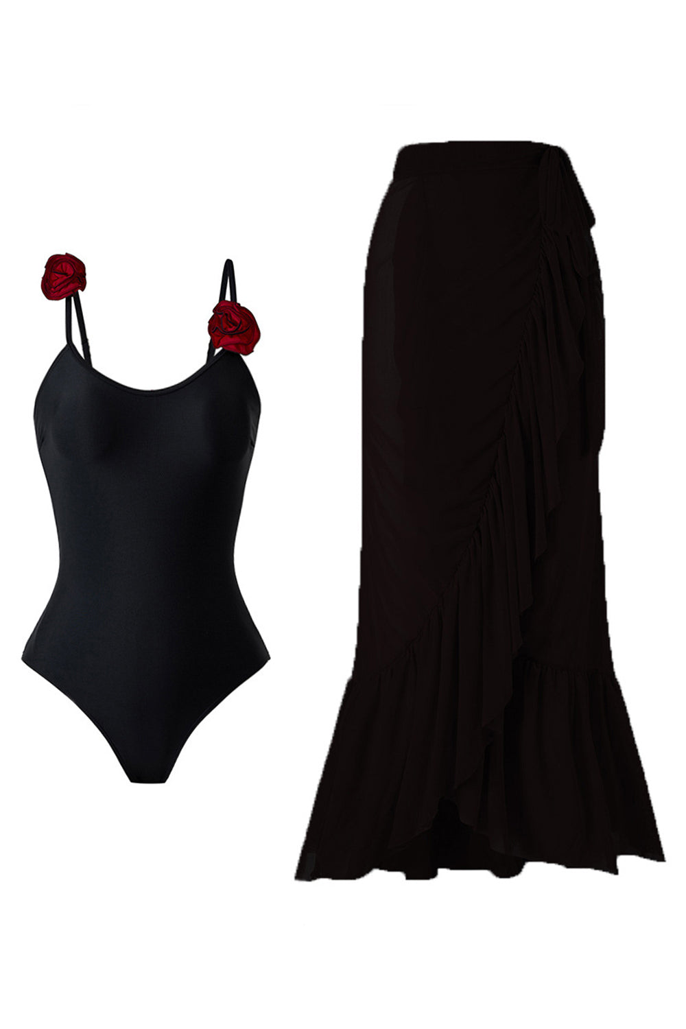 Black Spaghetti Straps One Piece Swimwear with Ruffled Cover Up