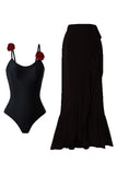 Black Spaghetti Straps One Piece Swimwear with Ruffled Cover Up