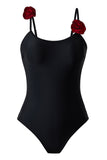 Black Spaghetti Straps One Piece Swimwear with Ruffled Cover Up