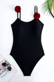 Black Spaghetti Straps One Piece Swimwear with Ruffled Cover Up