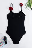 Black Spaghetti Straps One Piece Swimwear with Ruffled Cover Up