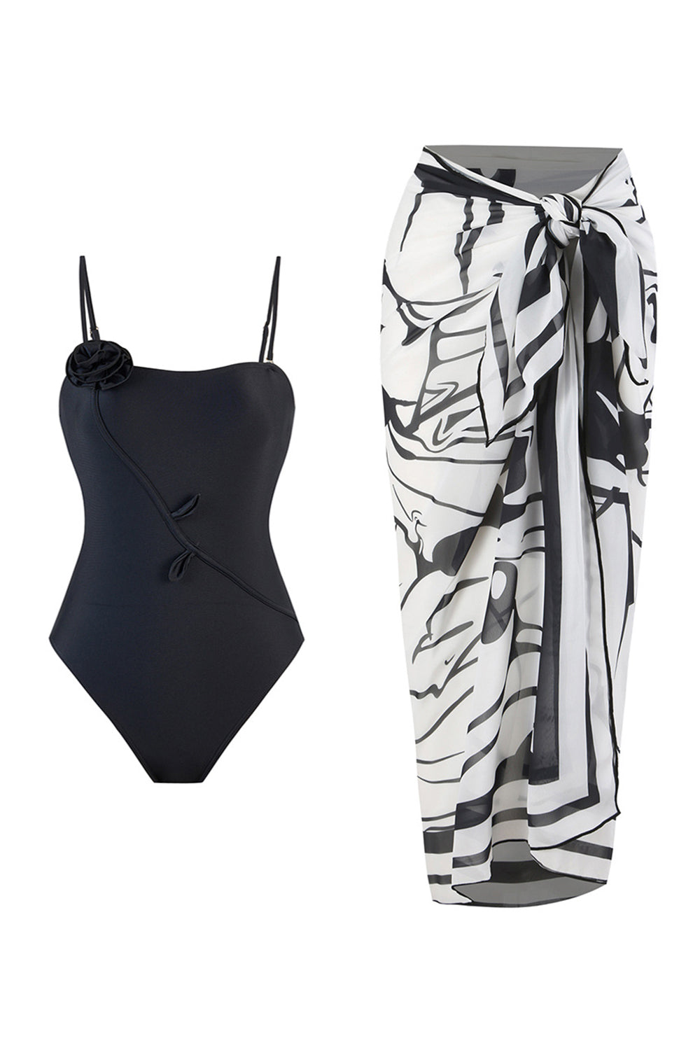 Green Printed One Piece 3D Flower Swimwear with Cover Up