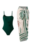 Green Printed One Piece 3D Flower Swimwear with Cover Up