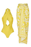 Yellow Printed Halter One Piece Swimwear with Cover Up