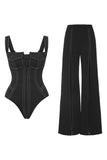 Black Sleeveless One Piece Square Neck Swimwear with Pants