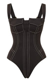 Black Sleeveless One Piece Square Neck Swimwear with Pants